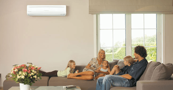 Family using heat pump in the living area